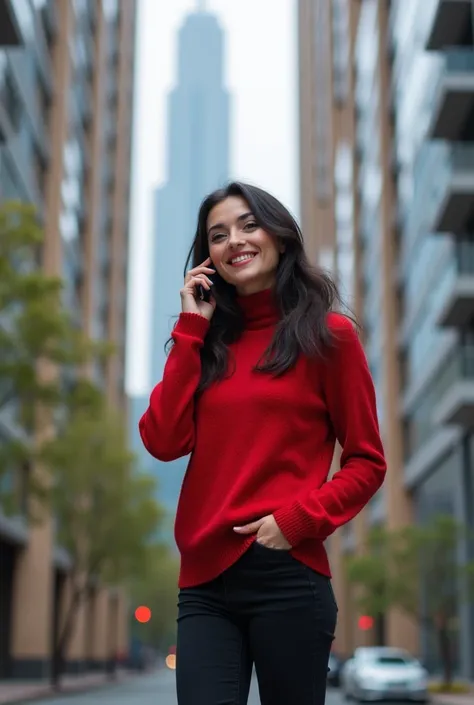  You are a designer with many years of experience .  Create a landscape from beautiful , new tall new buildings .  Close up of a beautiful girl ,  in dark classic pants and a red sweater,  with high heels.  A tall girl ,  with long dark hair , smiles,  tal...