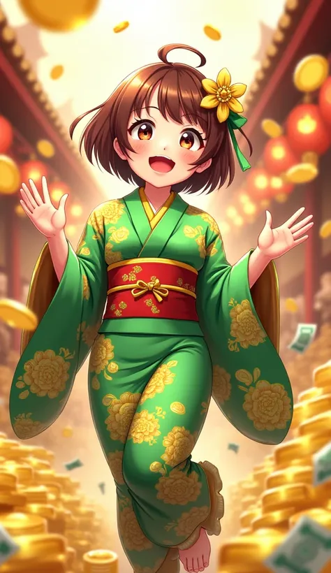 Create a cheerful anime girl with short brown hair, wearing a vibrant green and gold kimono, the fabric shimmering with symbols of wealth and prosperity. She smiles brightly at the viewer, surrounded by a bustling market filled with gold coins, shimmering ...