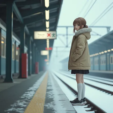 absurd REALISTIC photo of a  adult japanese girl with light brown hair, standing on a train platform on a snowy day, wearing a fur coat and a skirt, long white socks and running shoes, best quality, ultra realistic, perfect body , beautiful face, accurate ...