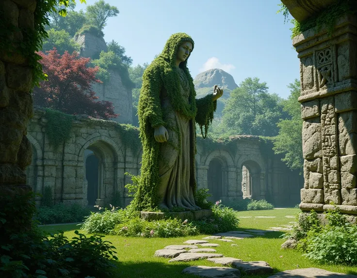 ancient ruins,  stone statue covered in greenery, Weathered walls, blue sky, Long Shadows, Surrounded by nature ,  Breathing of History 