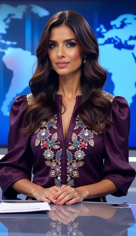 In a modern news studio, a tall figure competitor woman with wavy hair sits confidently at the news desk, facing a digital camera. she wears aa striking dark purple leather satin kameez adorned with multicolor stone mirror floral pattern work. the garment ...