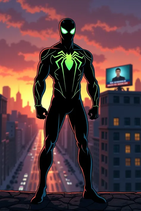 "A dramatic comic-style scene at dawn, showcasing Webbing Man standing on a high rooftop, silhouetted against a glowing city skyline. He wears a sleek black mask with glowing green eyes and a black suit featuring a vibrant green web symbol on his chest. Th...