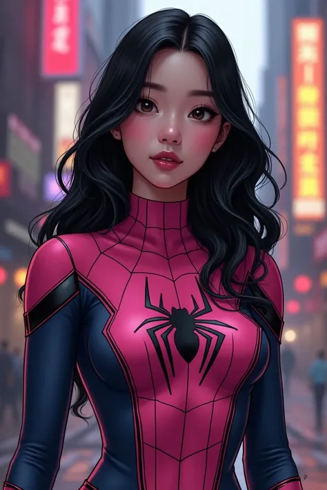 make my oc marvel comic panel, woman, black hair, long hair, black eyes, in the city, pale, 18 years old, Chinese , wearing pink spiderman suit