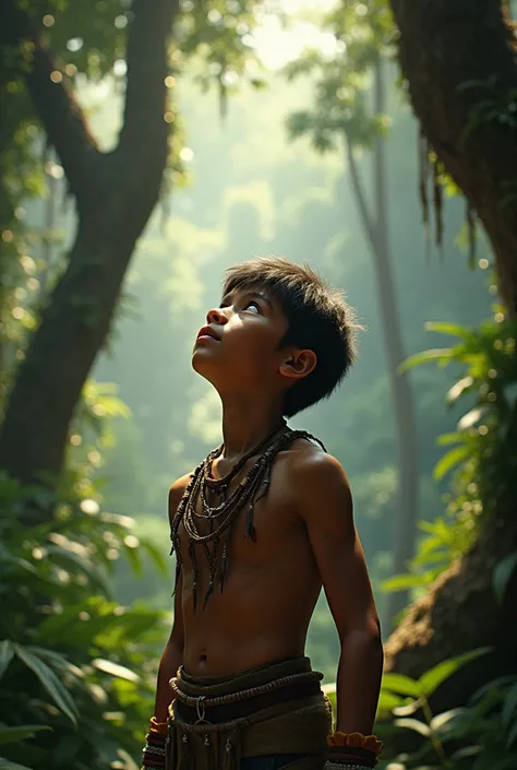 a tribal teenager looking up at trees in a forest