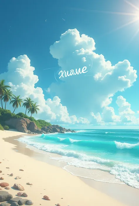 "High above a pristine, sun-drenched beach with powdery white sand, where crystalline turquoise waves gently caress the shoreline, appears a message written in the clouds: Xuane, you are beautiful, just dont forget to shower. Hyperrealistic details capture...