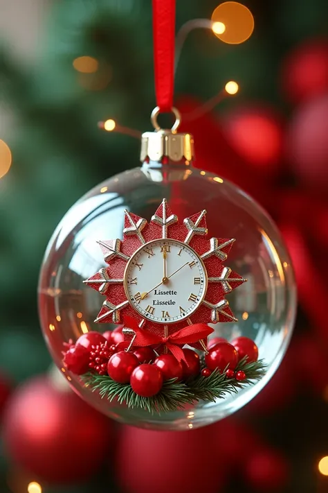 Transparent Christmas sphere with red ribbon snowflake and red cherry ornaments with the colorful Christmas background and the name of Lissette on the dial