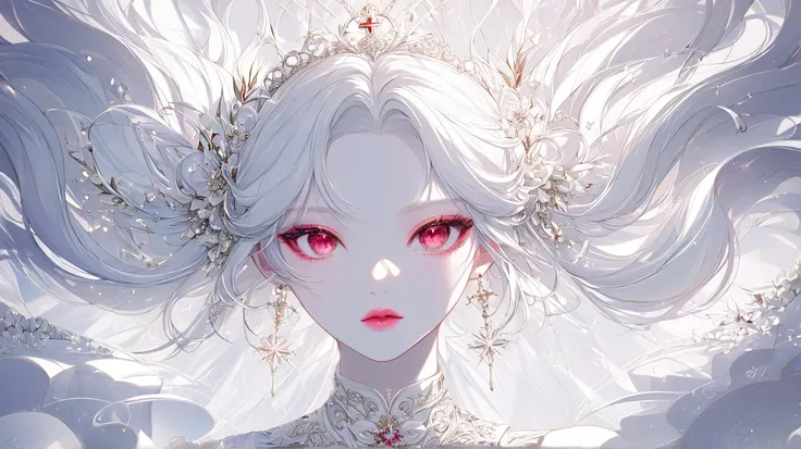 Pure white and silver hair color that transmits light , The silhouette is accentuated by the extremely pure white hair,  give hair a pearl-white shine and sparkle, Absolute aesthetics, ( depth of writing, Silky Touch, , beautiful eyes, Elegant face, magica...