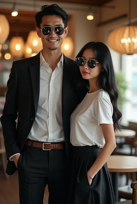 The model is wearing glass sunglasses with stars and the moon on the glassA handsome tall, white man with black hair in a suit, standing next to a beautiful girl with long black hair, wearing a white short-sleeved shirt, a black A-line skirt, the backgroun...