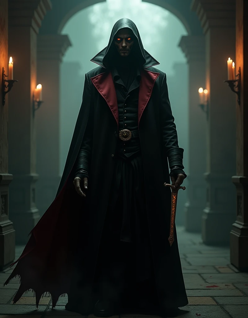 masterpiece, best quality, A dark and ominous character, cloaked in shadows, with a twisted and sinister expression, dressed in a long, black, Victorian-era inspired coat with a crimson lining, holding a sharp, ornate dagger with an eerie glow, surrounded ...