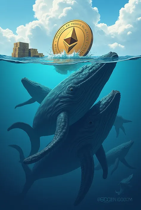 Whales (large investors) gathering around an Ethereum (ETH) logo coin floating in the ocean. Whales are pushing the coin upwards. A stack of money labeled OI $25B in the background.