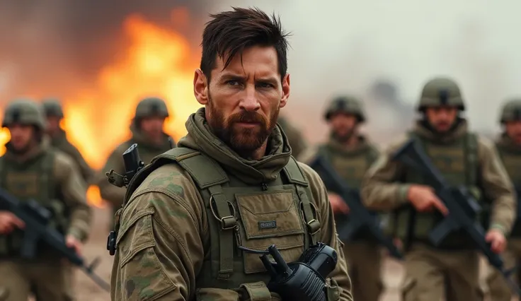 Lionel Messi, now leading a platoon, is in a combat zone surrounded by explosions and smoke. He is carrying a radio and giving orders to his soldiers with a leadership-focused expression. In the background, there are debris and the chaotic environment of w...