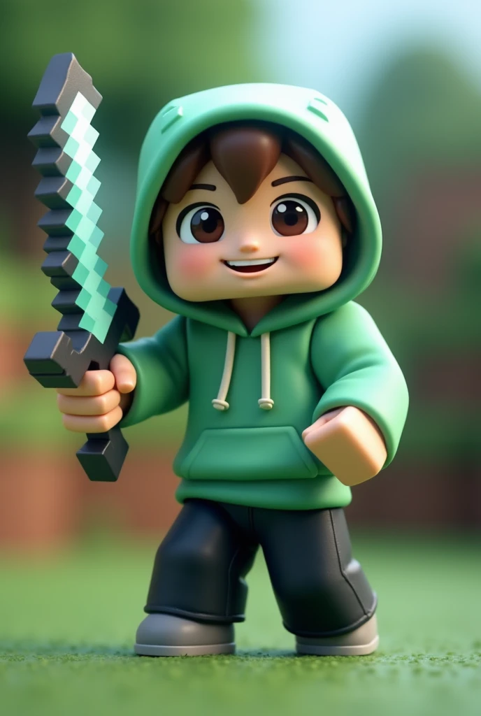 Skin Minecraft/Render Minecraft pakai Hoodie hijau muda cute dan celana hitam latar belakang Minecraft membawa sword diamond 