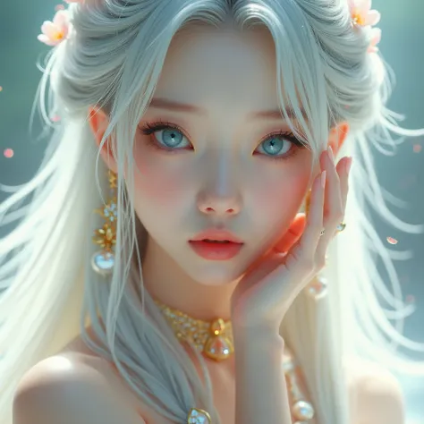  young Asian woman with white long hair
white goeldliched dress with beautiful jewelry
slightly white skin with husky blue eyes
slightly open mouth, white lips
A hand on her face
tender hands 
Drawn 
