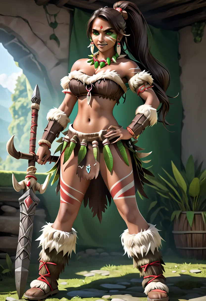 nidaleelolxl, tribal, facial mark, green eyes, brown hair, red scrunchie, long ponytail, forehead green jewelry, dark skin, colo...