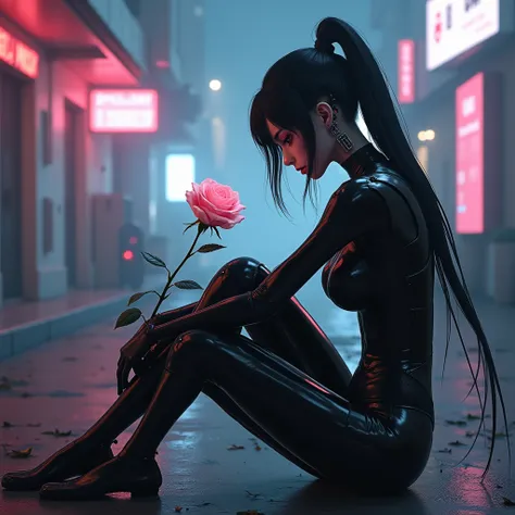 the woman in black sits on the ground near a light pink rose, cyberpunk art, neo-romanticism, cgsociety 9, anime vfx, realistic anime 3 d style, cyberpunk cyborg. roses, alone