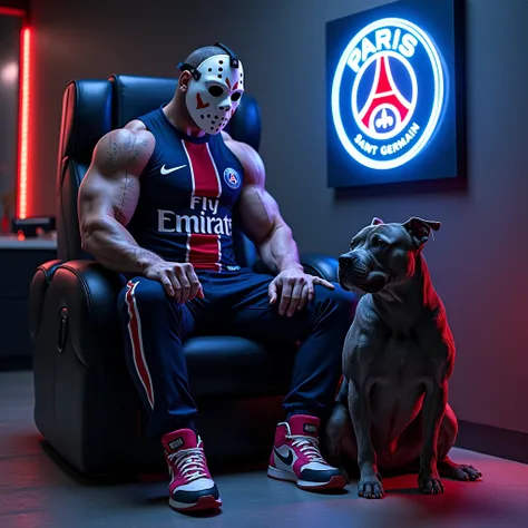  The image shows a very muscular figure wearing a Jason mask, assise sur une Lomborgini ultra futuriste. La figure est en tenue du "Paris Saint Germain" et de baskets Nike,  A very muscular and growling gray pitbull next to it . avec un panneau accrocher a...