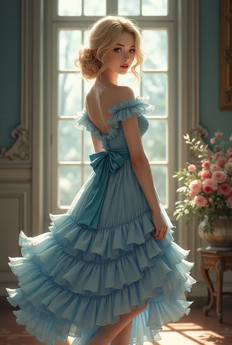  best quality ,  Masterpiece ,  highest resolution,  artwork, super Familiar with, many  Details,  Details, Familiar with,woman, ((,))Europe,Lady, blonde alone, blue eyes,Wear ruffles and bows in glamorous attire,((Midi Dress Lolita Fashion)),(( reflect th...