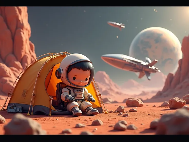 Create 3D cartoon, Chibi style, Astronaut man camping tent on Mars in a spaceship, space view, an uninhabitable planet earth, in a futuristic style, high details, high resolution, UHD, animation.