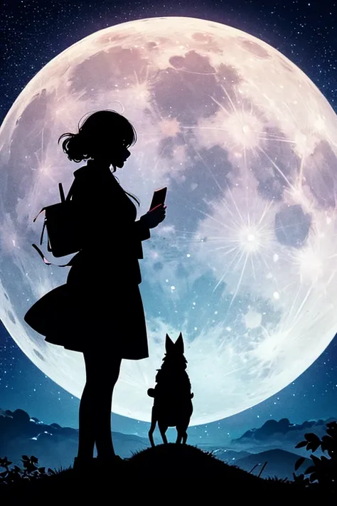  best quality,Big moon and shadow,A silhouette of a person can be seen against the backdrop of a large moon.,There is one full moon,There is a mood, beautiful scenery, starry sky 