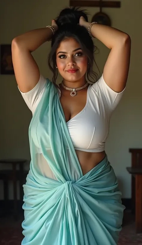 close up photo of curvy indian bhabhi, big cheeks, hands on head showing stubble hairy armpits,hourglass voluptuous curvy figure, nipple pokies,swooping Big huge enormous gigantic humgous breasts, Standing on a stool cleaning ceiling fan, hair bun tied up,...