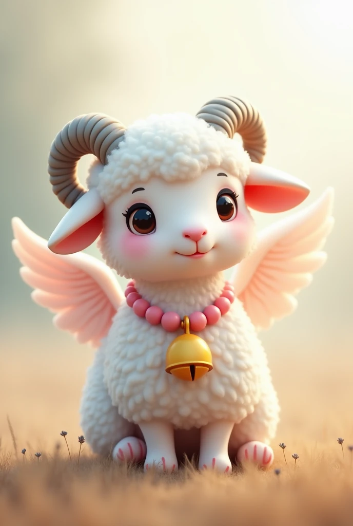 White sheep with pink necklace, there is a round yellow bell. Gray horns, adorable and have wings