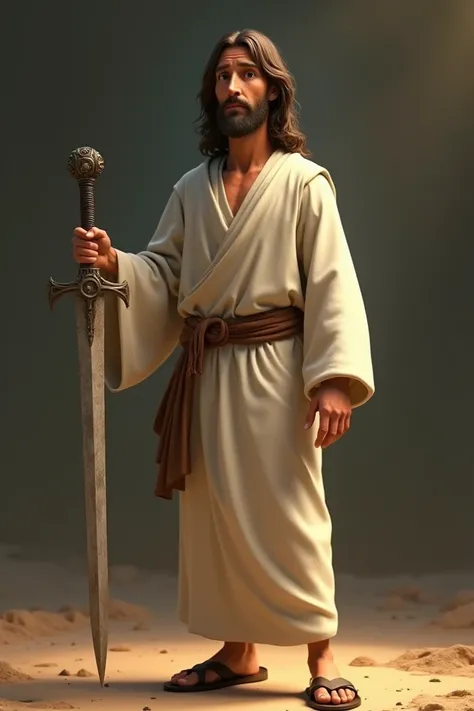  Pixar-like image of Jesus of Nazareth with a full body ,  tall with a white tunic and brown sandals . With an old blade in his hands ,  showing it forward that reaches up to his knees 