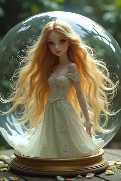 Beautiful girl with long golden hair .  Dressed in the clothes of a jasmine princess and enclosed in a glass ball
