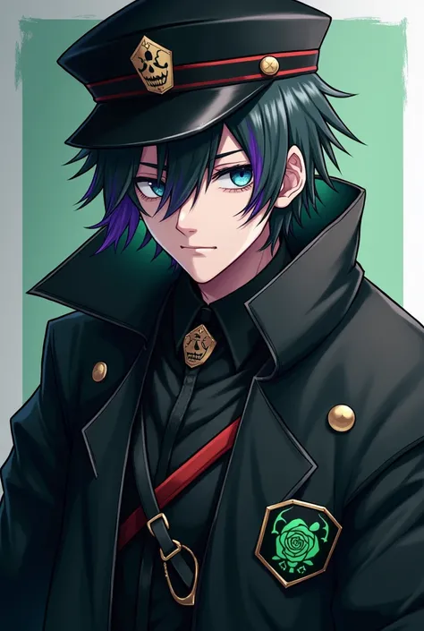 adult male. dark green hair . purple color in part of hair .mata warna biru tua dan pupil  black color . left cheek there is a reverse rose tattoo .memakai topi pendek  black color  dan garis merah. wears modern urban mafia clothes , black color ,red and g...