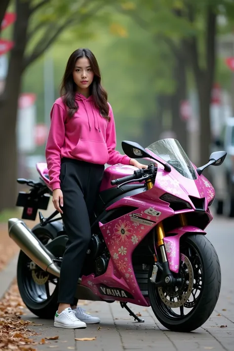 A 8K HD photo of a beauty korean woman with ideal body ,wearing a pink deep hoodie, Long black trousers,  and adidas stan smith sneakers , standing beside SUPERBIKE NEW YAMAHA R1 warna pink metalik chrome with floral patern dengan, shiny visible paint ,wea...