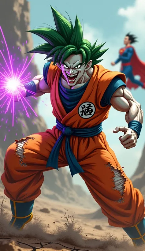 "The Joker fused with Goku from Dragon Ball Z—a chaotic and wild combination of the two iconic characters—delivers a powerful punch to Superman. Joker-Goku’s pale skin, green hair, and maniacal grin mix with Goku’s muscular build and iconic orange gi, now ...