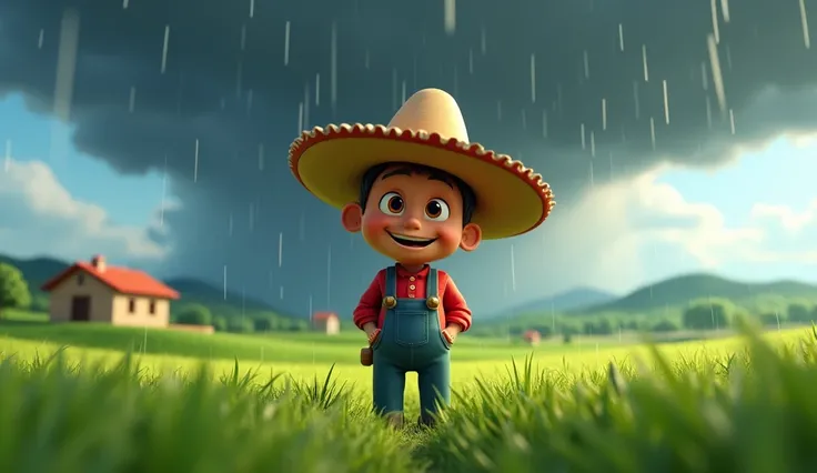 "A 3D cartoon-style illustration of the same Mexican farmer, Lencho, standing in the middle of his field as dark rain clouds gather above. The first drops of rain are falling, and Lencho looks happy and hopeful, calling the raindrops new coins. His simple ...