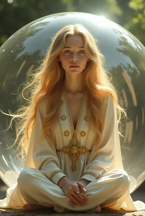 Beautiful girl with long golden hair . Dressed in the clothes of a jasmine rabbi and enclosed in a glass ball
