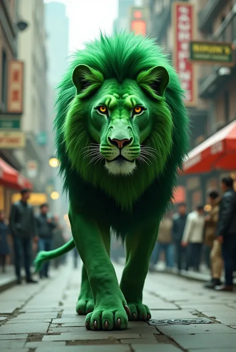 green lion walk on public street