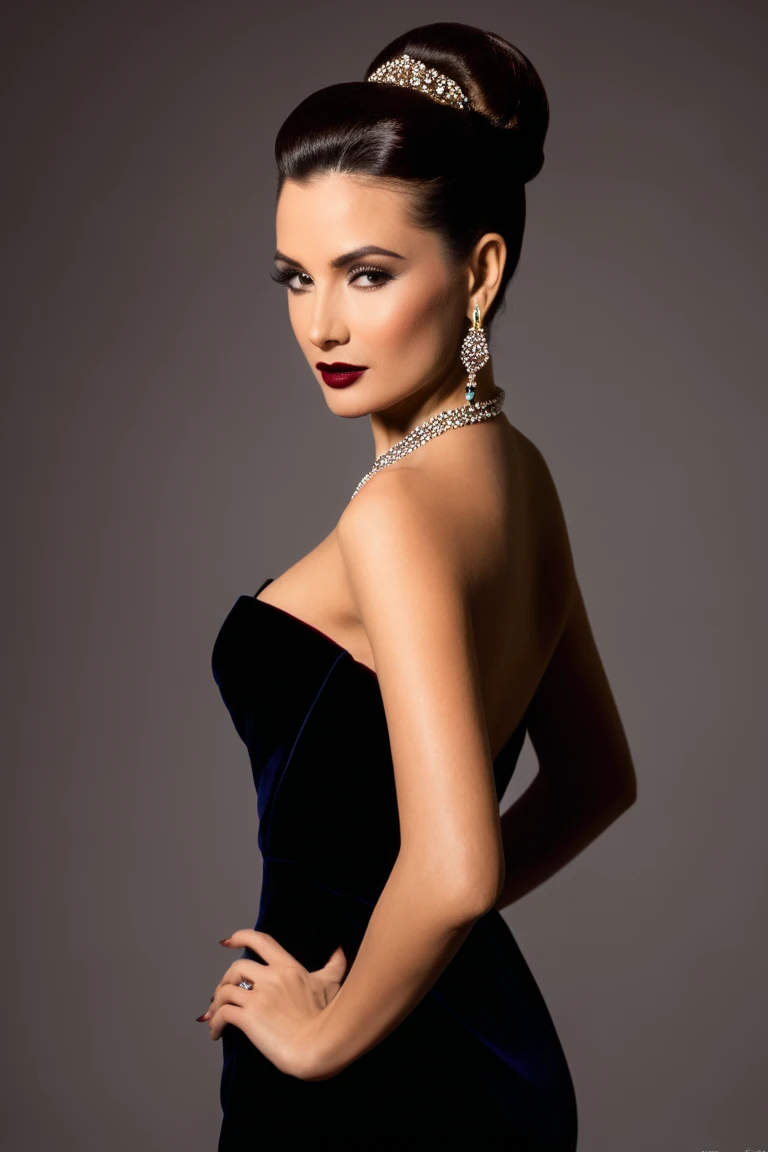 A hot sultry woman with an elegant updo, wearing a velvet evening gown, front view