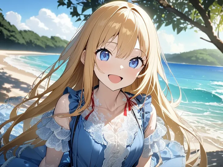 1girl,  - , solo,  golden hair ,  long hair,  red ribbon ,  blue eyes, smile,  slender, Blue dress,   Lace Ruffles ,  is excited, Pour water on viewers、The whole body is visible, outdoor, sea,  beach , masterpiece,  best quality,  Very Aesthetic,  ultra hi...