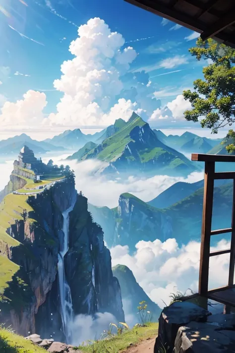  best quality、 landscape painting、Spectacular views、cloud、Mountain、sea、nature、sun