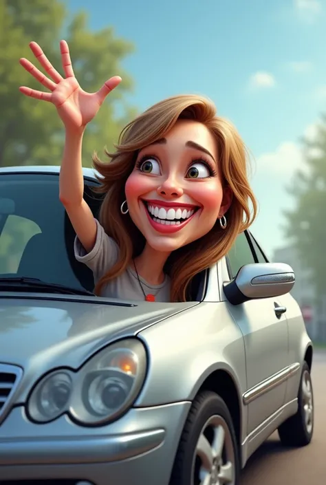 Can you create a caricature of a woman who is showing up from a window of a car silver Mercedes “A180” 2.0CDI 2005 . Make her waving. Than you.