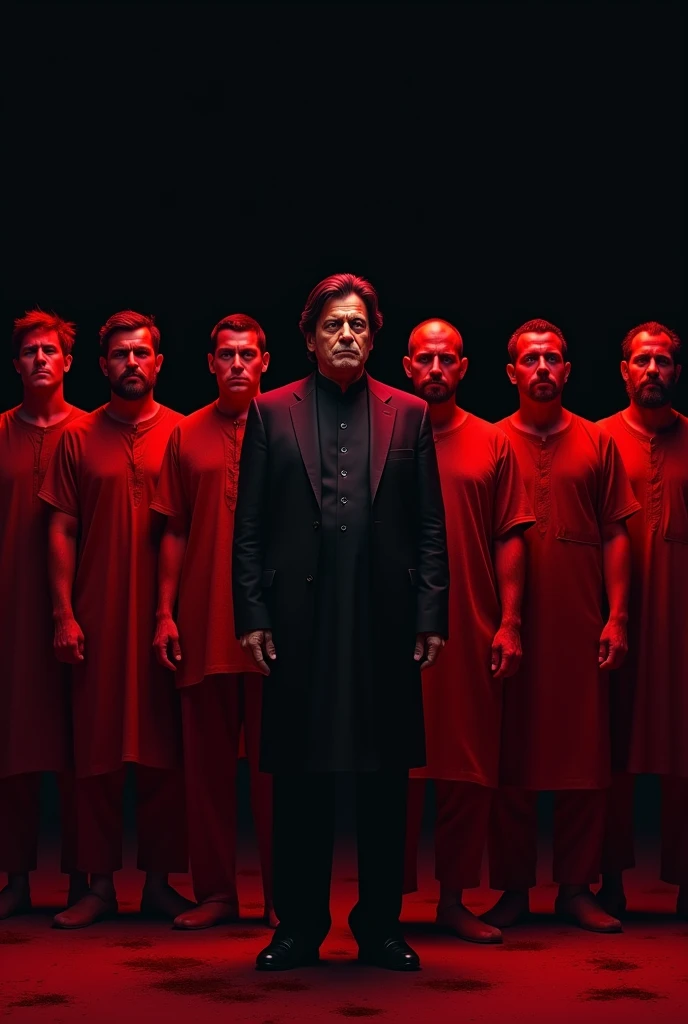 Imran Khan stand in line of 7 people the are colored of blood  with black background 