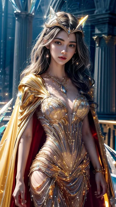 Top quality, masterpiece, ultra high definition, Original photo, 1 Girl, ((slim body)), ((wavy sardine)), cinematic lighting, very long hair, detailed eyes, wind, necklace, piercing, ((crystal dress)), ((detailed crystal)), ((golden clothing)), ((flowing c...