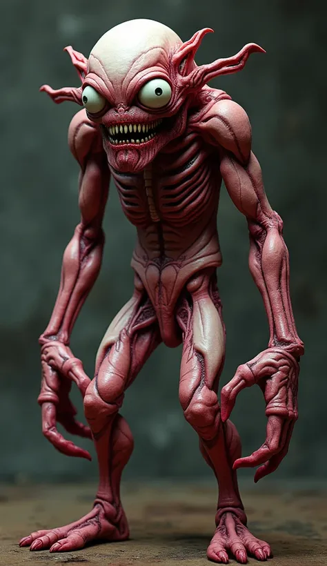 "Create a nightmarish creature composed of distorted human body parts, asymmetrical and grotesque. The entity should feature:

Misaligned eyes protruding from different parts of its body
Limbs made of twisted, unnatural flesh
Skin texture resembling raw mu...