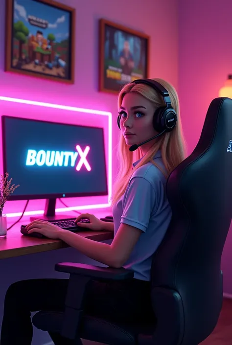 Femme blonde au yeux bleus dans son studio de gaming, assise sur une chaise de gaming avec un casque de jeu vidéo devant son pc , sur son écran de pc c’est marquer bountyx avec des led rose, derrière elle des cadres photo de Minecraft et brawl star