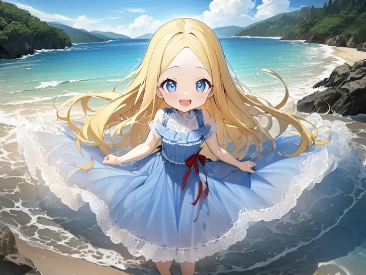 1girl,  - , Venus, solo, Yellow Hair,  long hair,  red ribbon ,  blue eyes, smile,  slender,  blue dress ,   Lace Ruffles ,  is excited, Pour water on viewers、The whole body is visible, outdoor, sea,  beach , masterpiece,  best quality,  Very Aesthetic,  u...