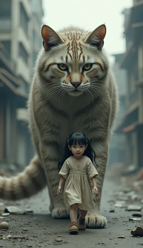  Japanese girl walking through a desolate city like being protected by a huge cat。Highest image quality and very realistic 。