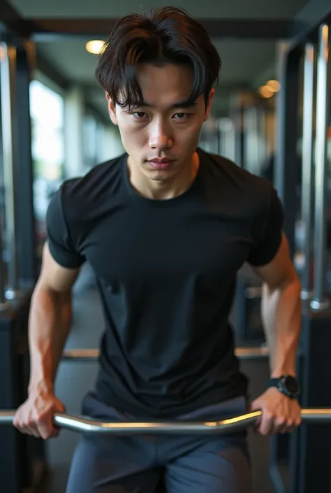 26-year-old Korean man ,  with brown hair and defined physique ,  but not overly muscular , Training with bench press.  He is wearing a tight t-shirt and training pants , with Nike sneakers.  The environment is well lit ,  with various weight equipment in ...