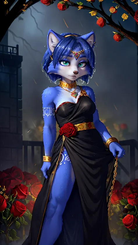 A portrait of  ((krystal)), Star Fox-Krystal, lovable, green eyes, ((( long blue hair 1 .3))), Decollete, anthro, Fuzzy,  detailed Fluffys fell,  detailed face , (Fluffy), Alone,    dark clothes 、dark good、dark skirt、 Best bust、Ravine、Luck、provocative beha...