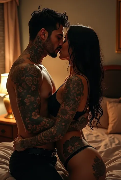 Create an image of a black-haired couple with tattoos and he is also black-haired with tattoos only from the waist up naked kissing passionately in a bedroom like Background