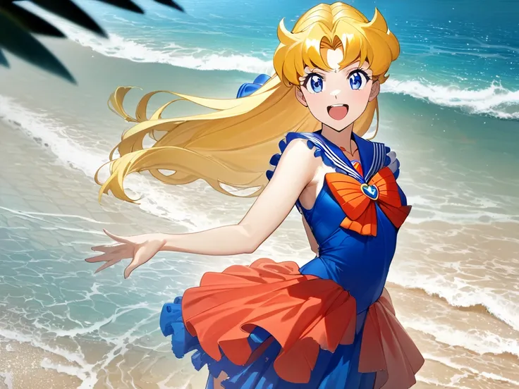 1girl, Sailor Venus, solo, Yellow Hair,  long hair,  red ribbon ,  blue eyes, smile,  slender,  blue dress ,   Lace Ruffles ,  is excited, Pour water on viewers、The whole body is visible, outdoor, sea,  beach , masterpiece,  best quality,  Very Aesthetic, ...