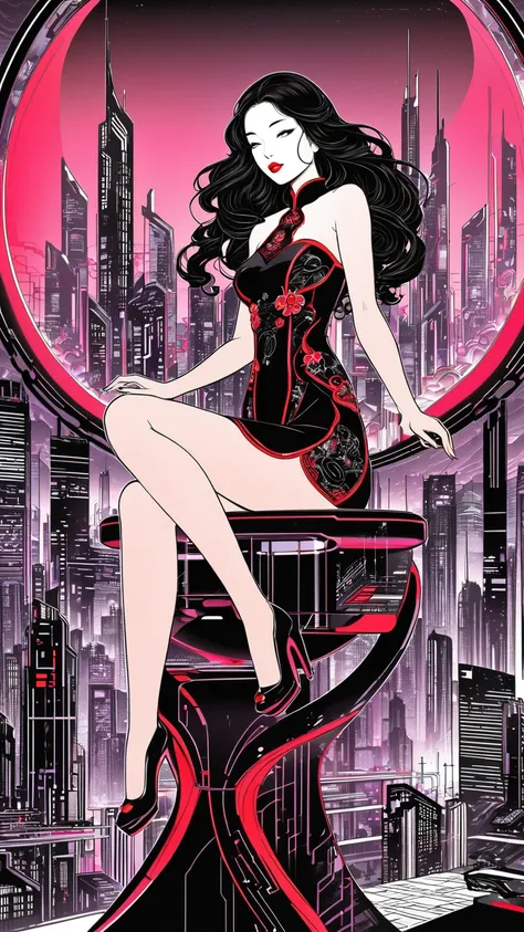 A minimalist line art stilish elegant illustration of a gorgeous slender long black wavy haired oriental woman sitting on a futuristic design high stool , full red lips, in front of a large glass panel, with a view of a colorful futuristic sci fi city . Sh...