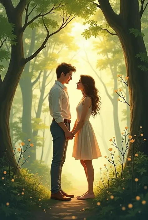  Generate an illustration of a couple in love in the woods, looking at each other .  A couple dressed in the same tones 