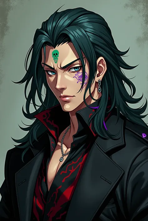 Mature man om handsome . dark green hair , purple color in part of hair .Long hair.mata warna biru tua dan pupil  black color . left cheek there is a reverse rose tattoo .wear modern urban dark mafia clothes, black color ,red and gray ,  gray .wearing a ro...